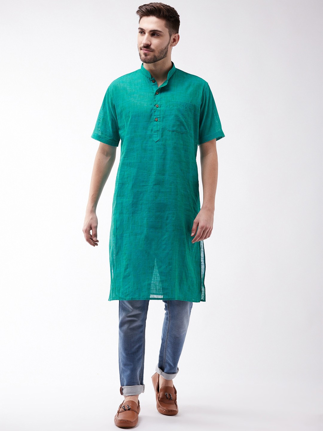 

VM Men Solid Mandarin Collar Cotton Straight Kurta, Turquoise blue