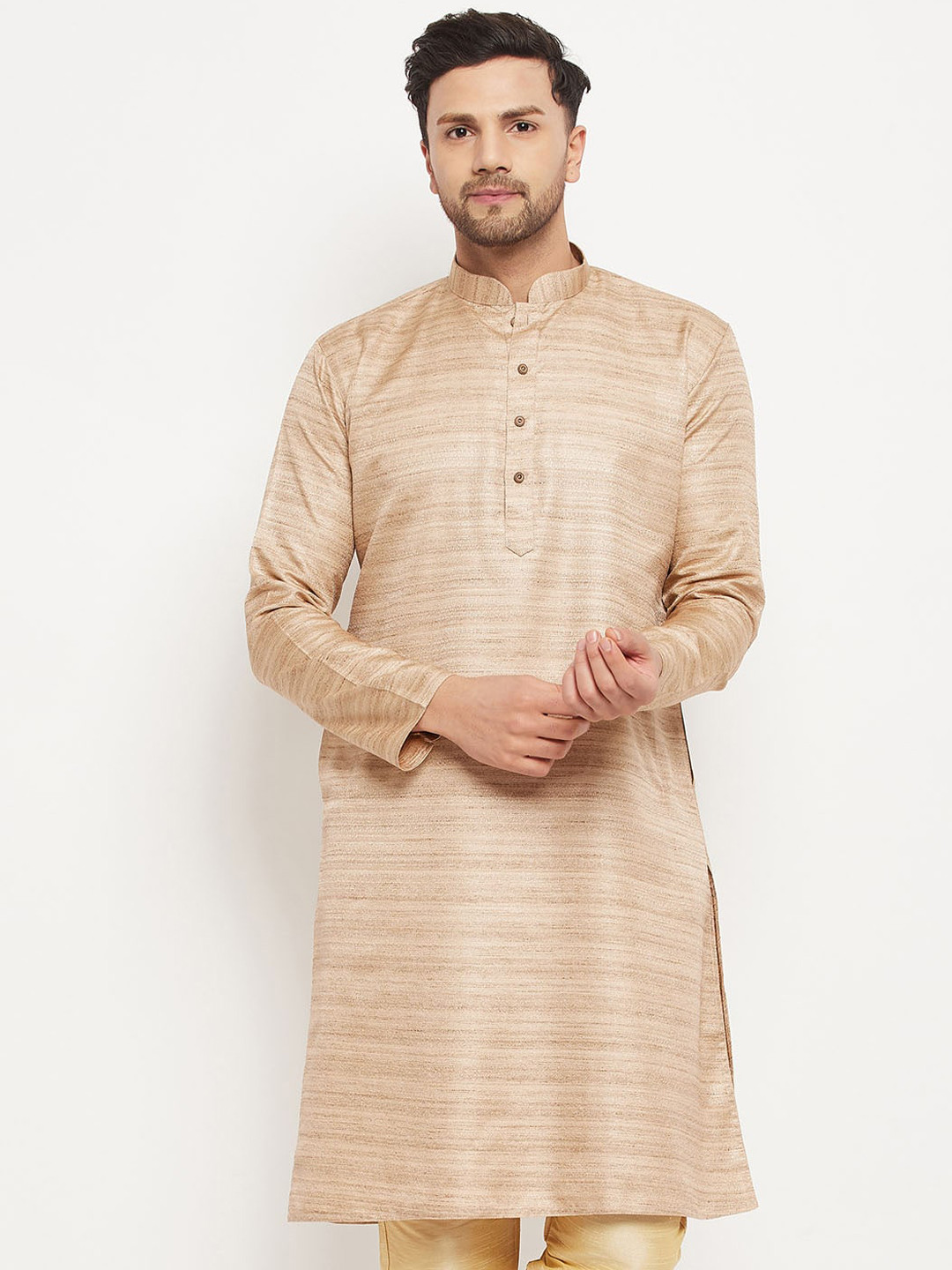 

VASTRAMAY Men Striped Mandarin Collar Straight Kurta, Beige