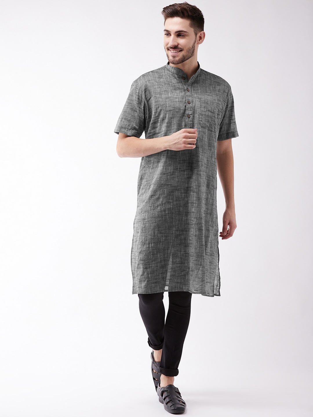 

VASTRAMAY Men Solid Mandarin Collar Cotton Straight Kurta, Grey melange