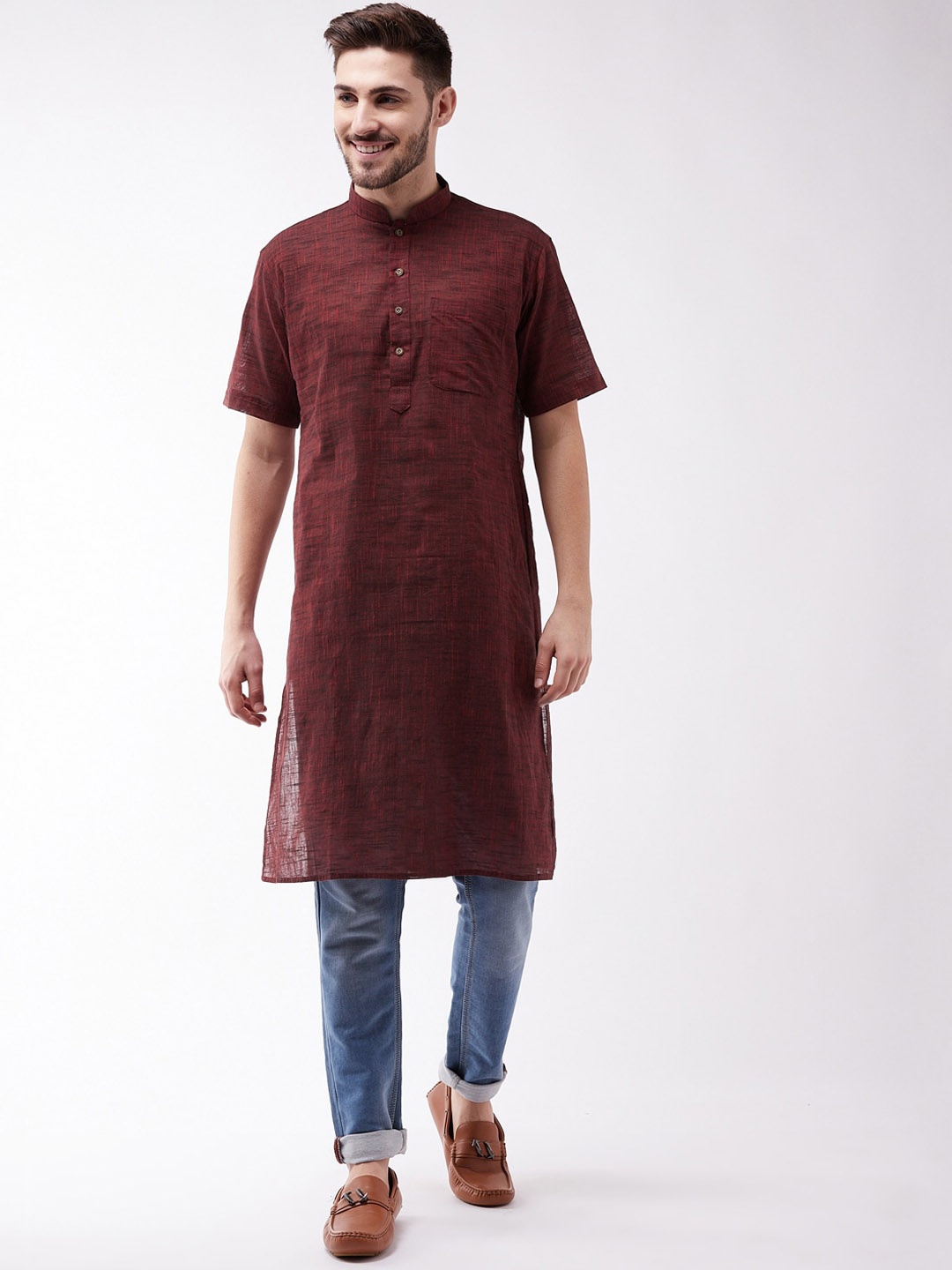 

VASTRAMAY Men Solid Mandarin Collar Cotton Straight Kurta, Maroon