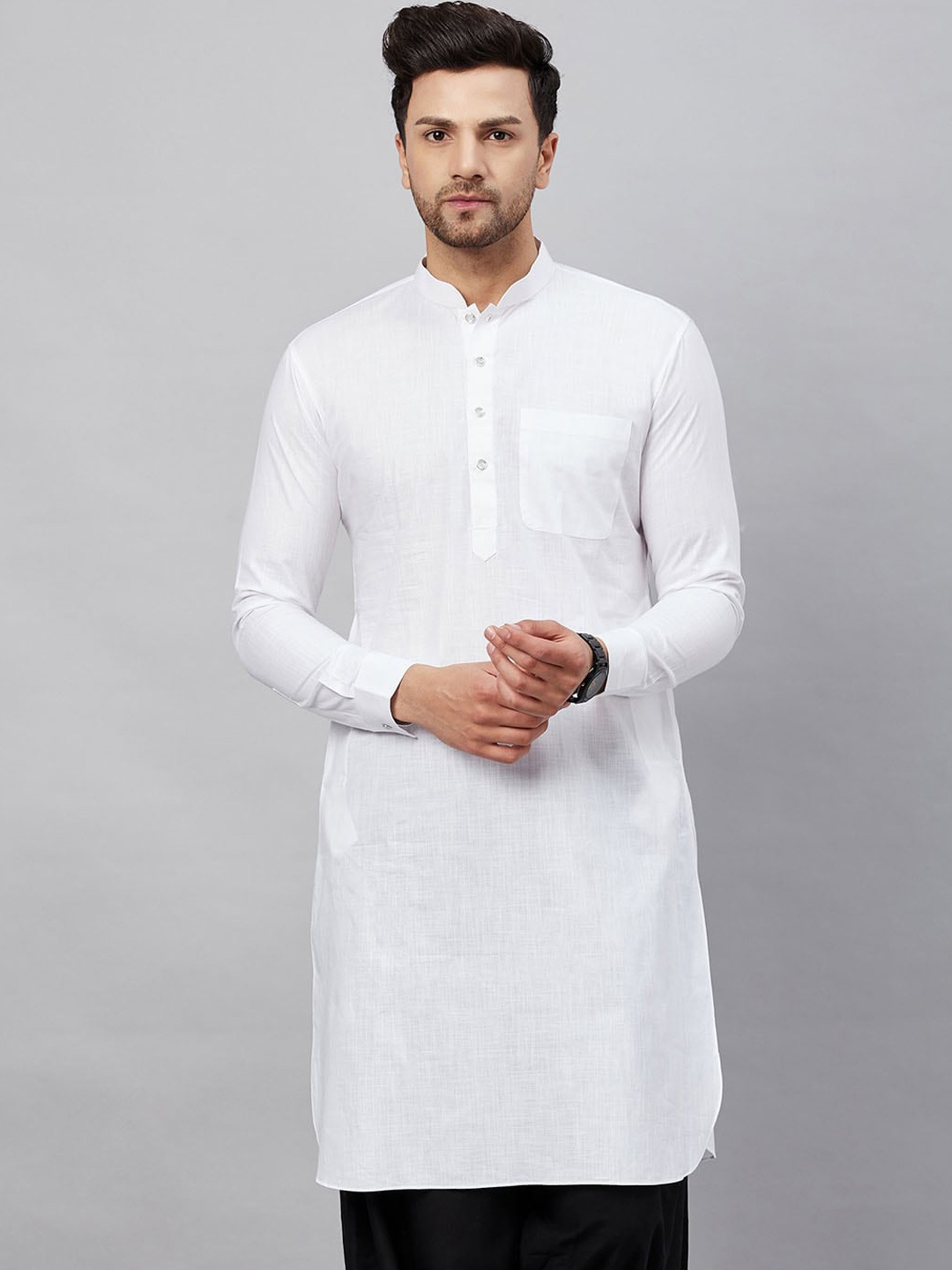 

VASTRAMAY Men Solid Mandarin Collar Cotton Linen Pakistani Style Kurta, White