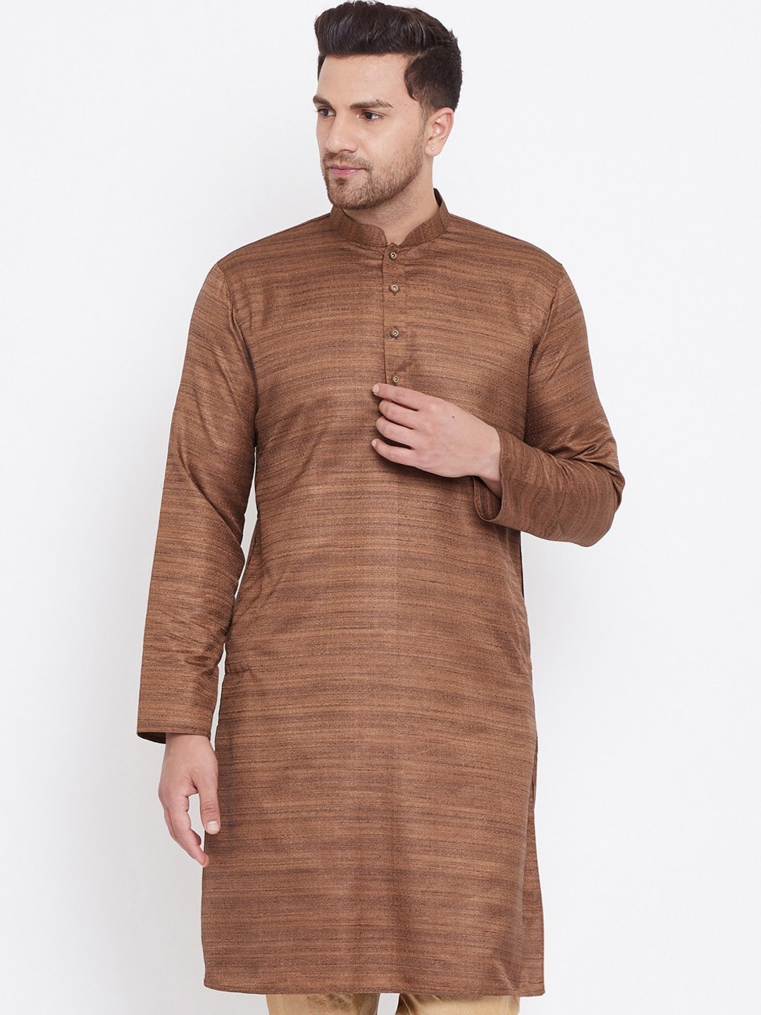 

VASTRAMAY Men Striped Mandarin Collar Straight Kurta, Coffee brown