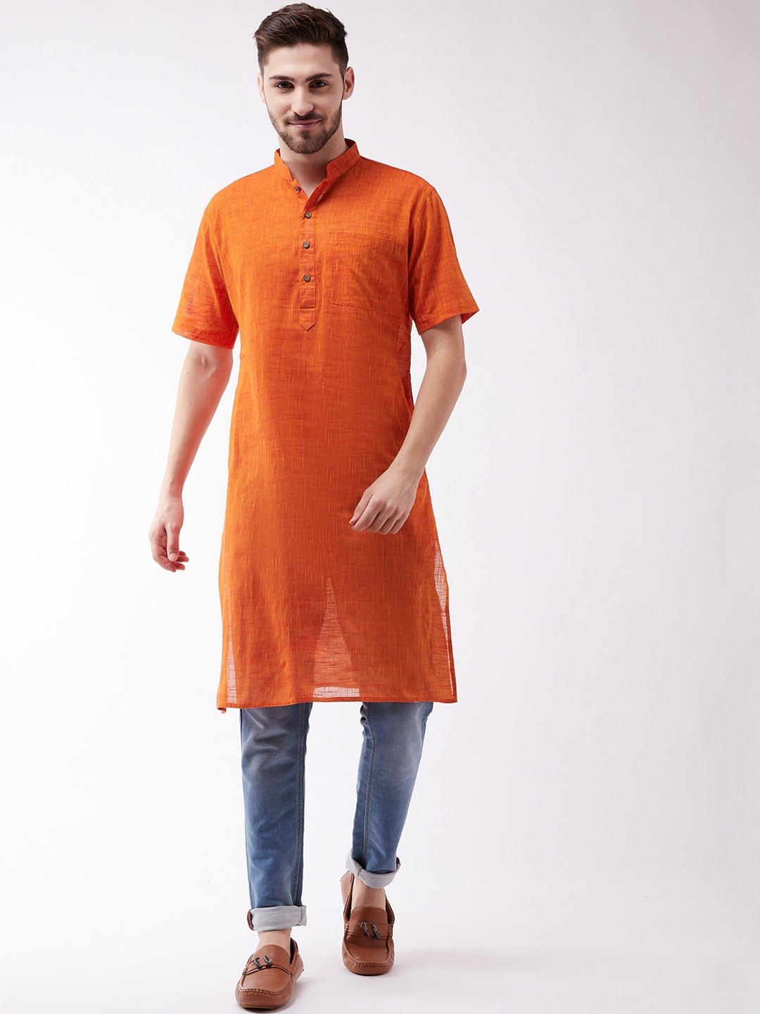 

VASTRAMAY Men Pathani Cotton Mandarin Collar Kurta, Orange
