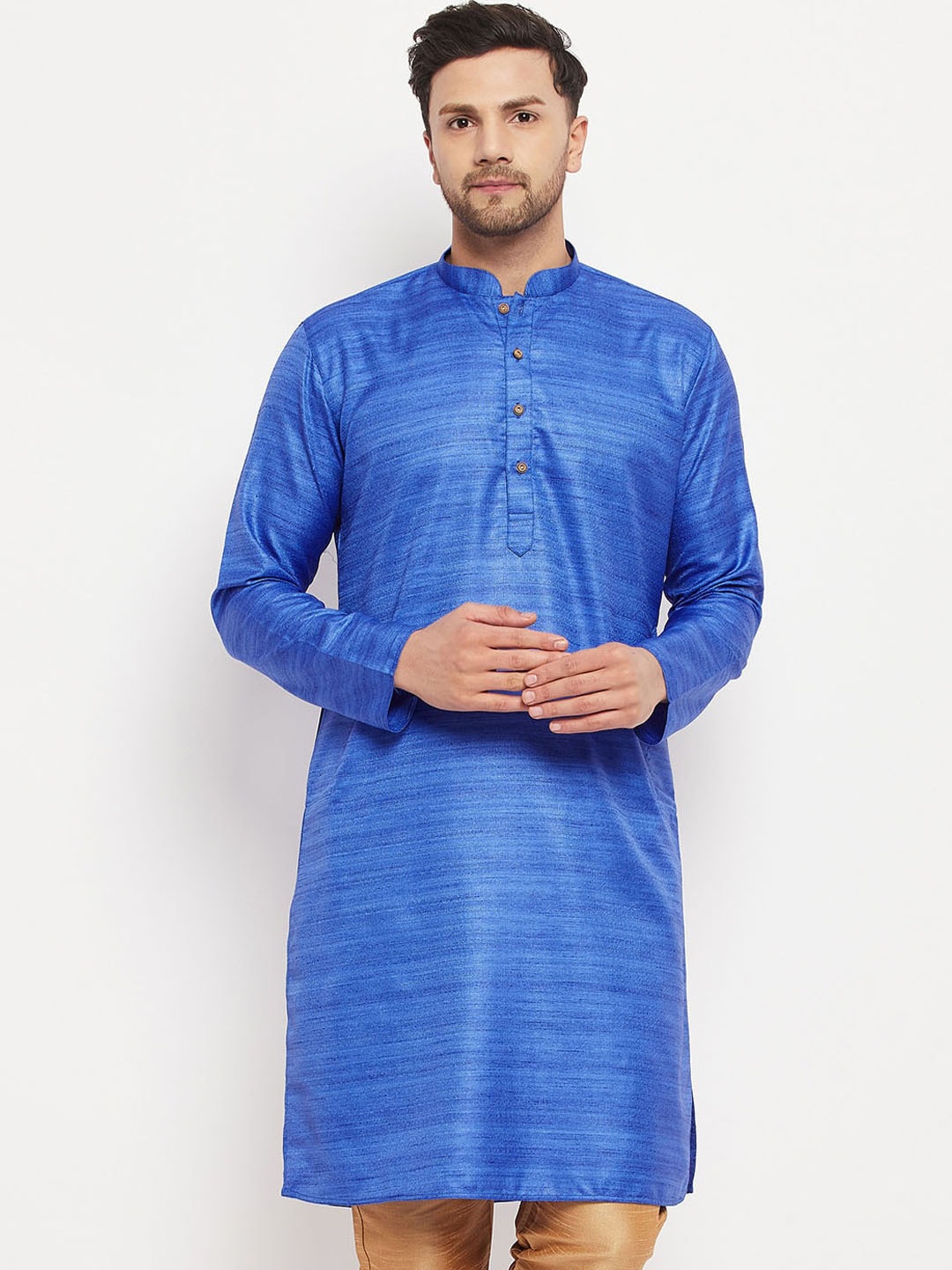 

VASTRAMAY Men Striped Mandarin Collar Silk Kurta, Blue