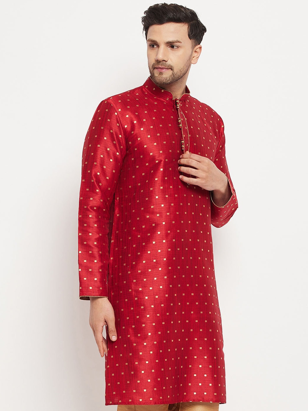 

VASTRAMAY Men Ethnic Motifs Mandarin Collar Jacquard Kurta, Maroon