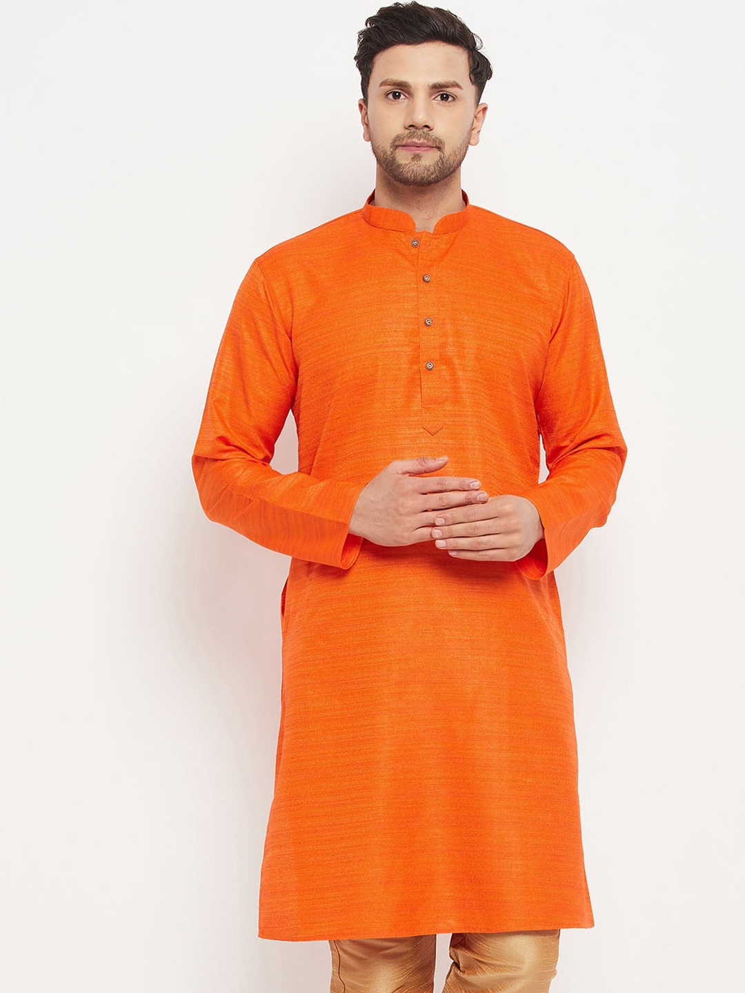 

VASTRAMAY Men Mandarin Collar Silk Kurta, Orange