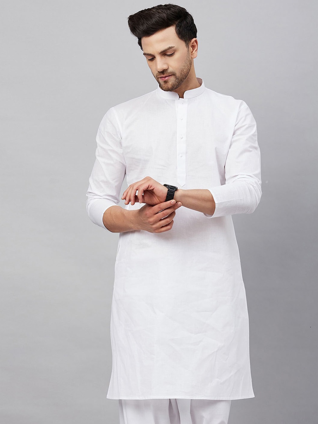 

VASTRAMAY Mandarin Collar Cotton Straight Kurta, White