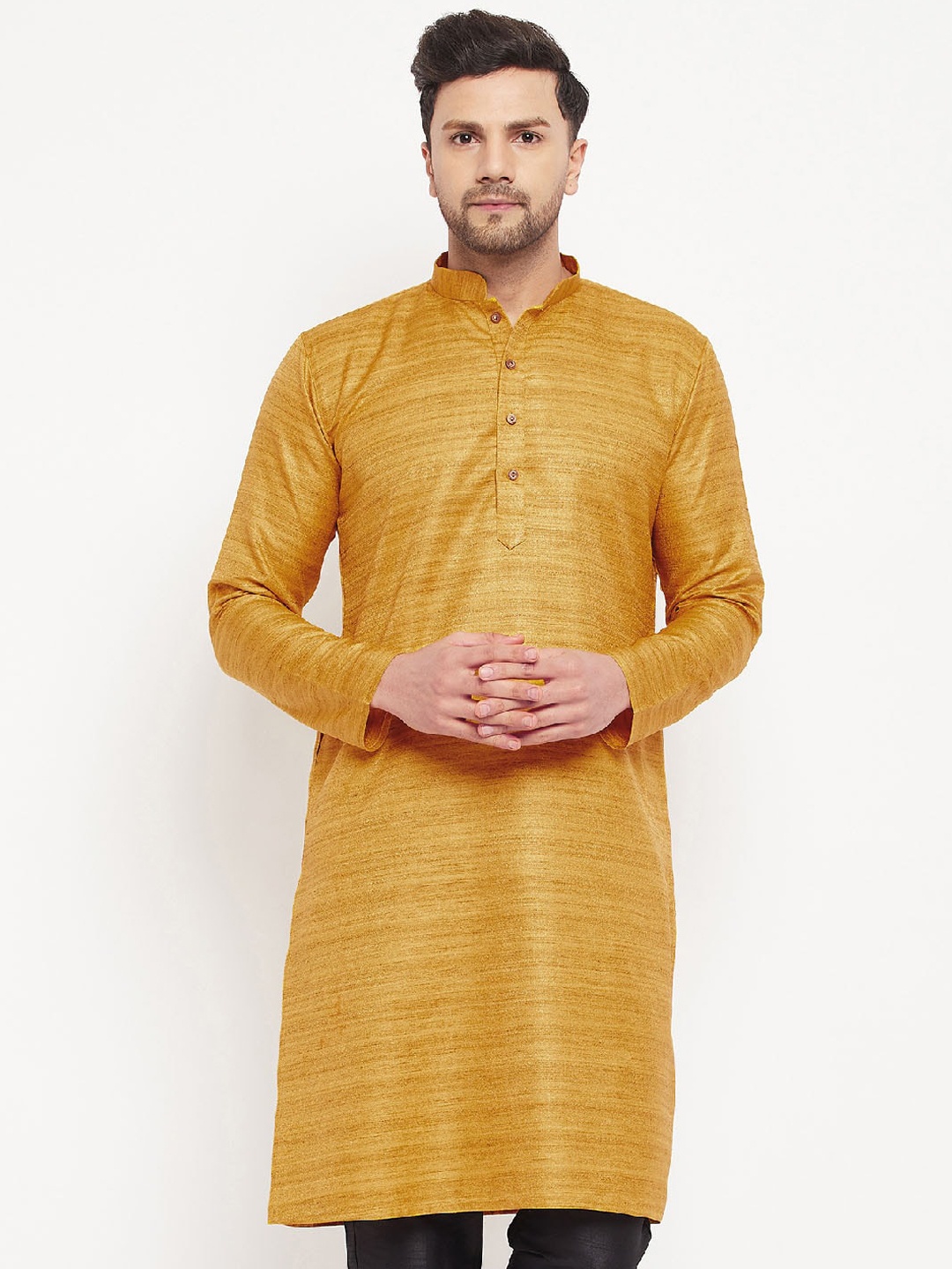 

VASTRAMAY Men Mandarin Collar Silk Kurta, Mustard