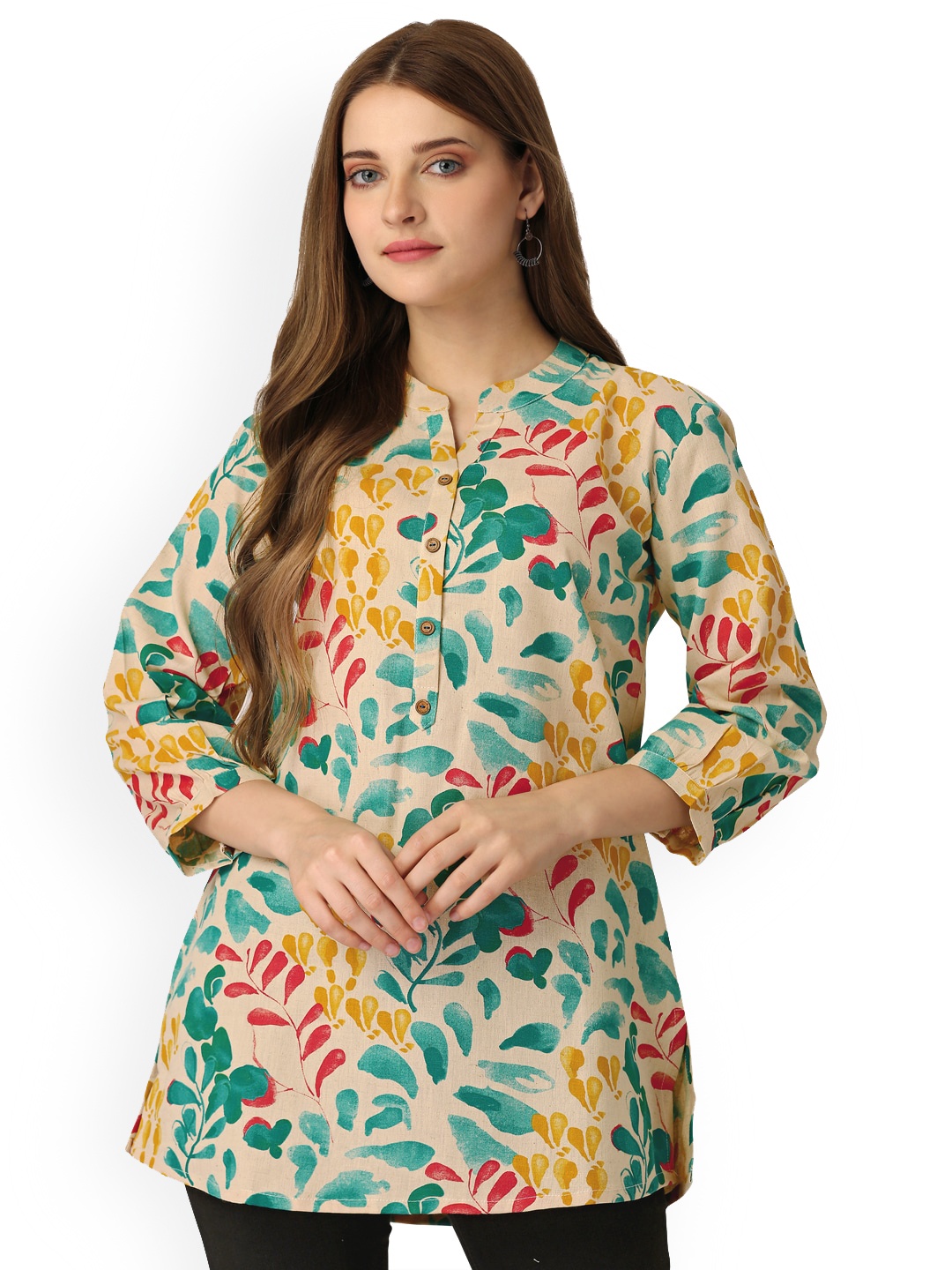 

Pure 9 Floral Printed Mandarin Collar Kurta, Cream