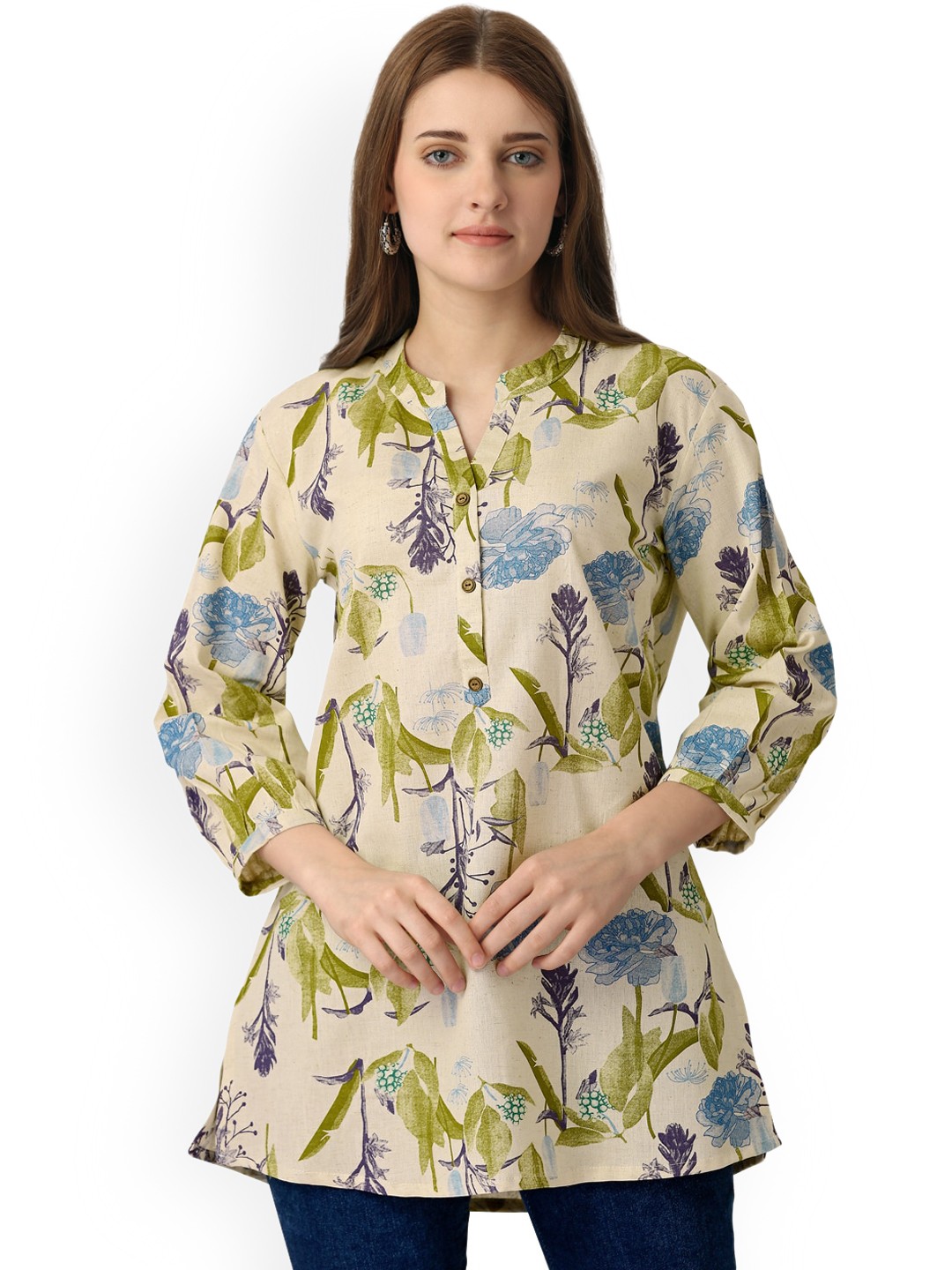 

Pure 9 Floral Printed Cotton A-Line Kurti, Cream