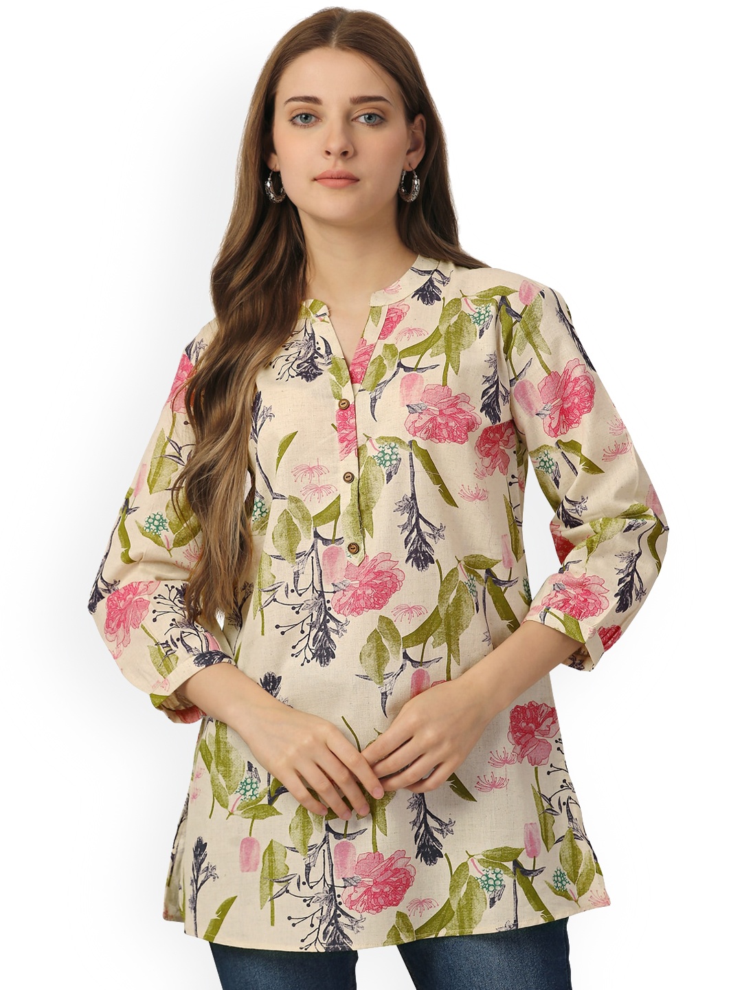 

Pure 9 Floral Printed Mandarin Collar Kurta, Cream