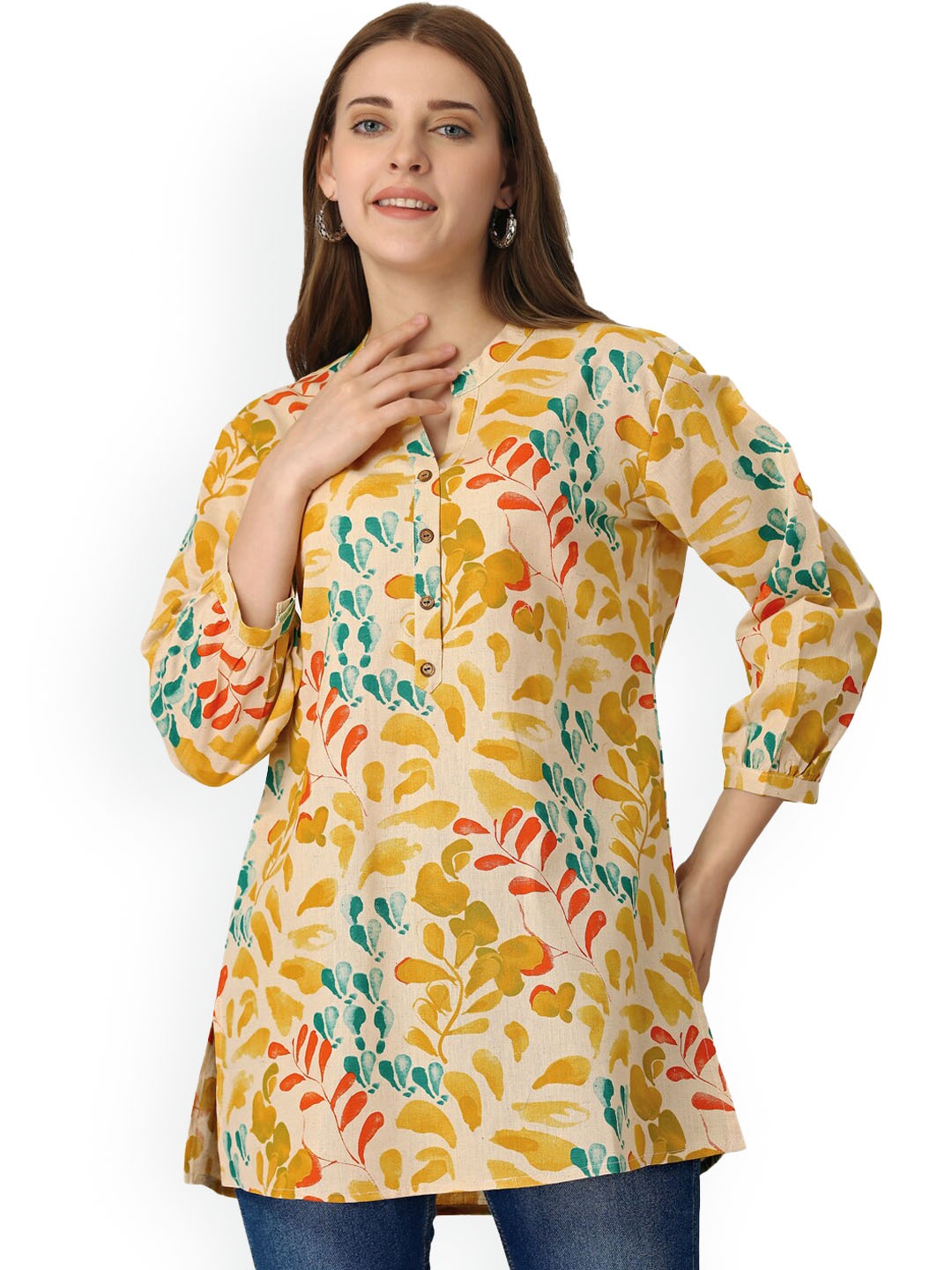 

Pure 9 Floral Printed Mandarin Collar Kurta, Cream