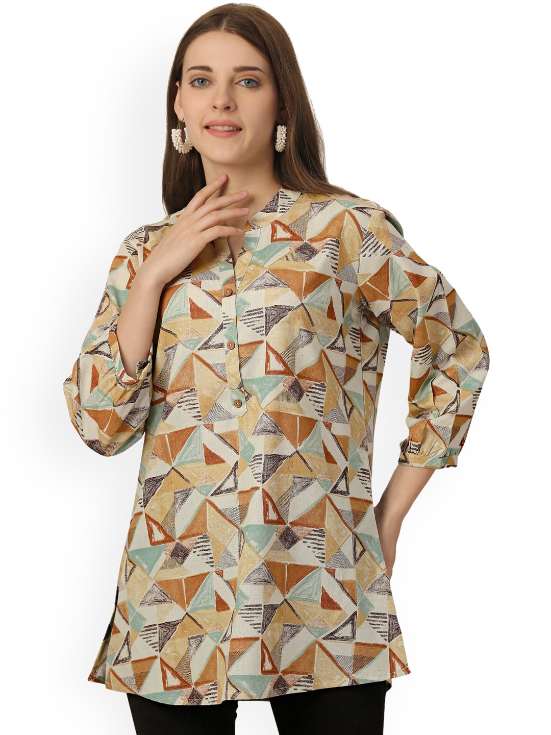 

Pure 9 Geometric Printed Mandarin Collar Kurta, Cream