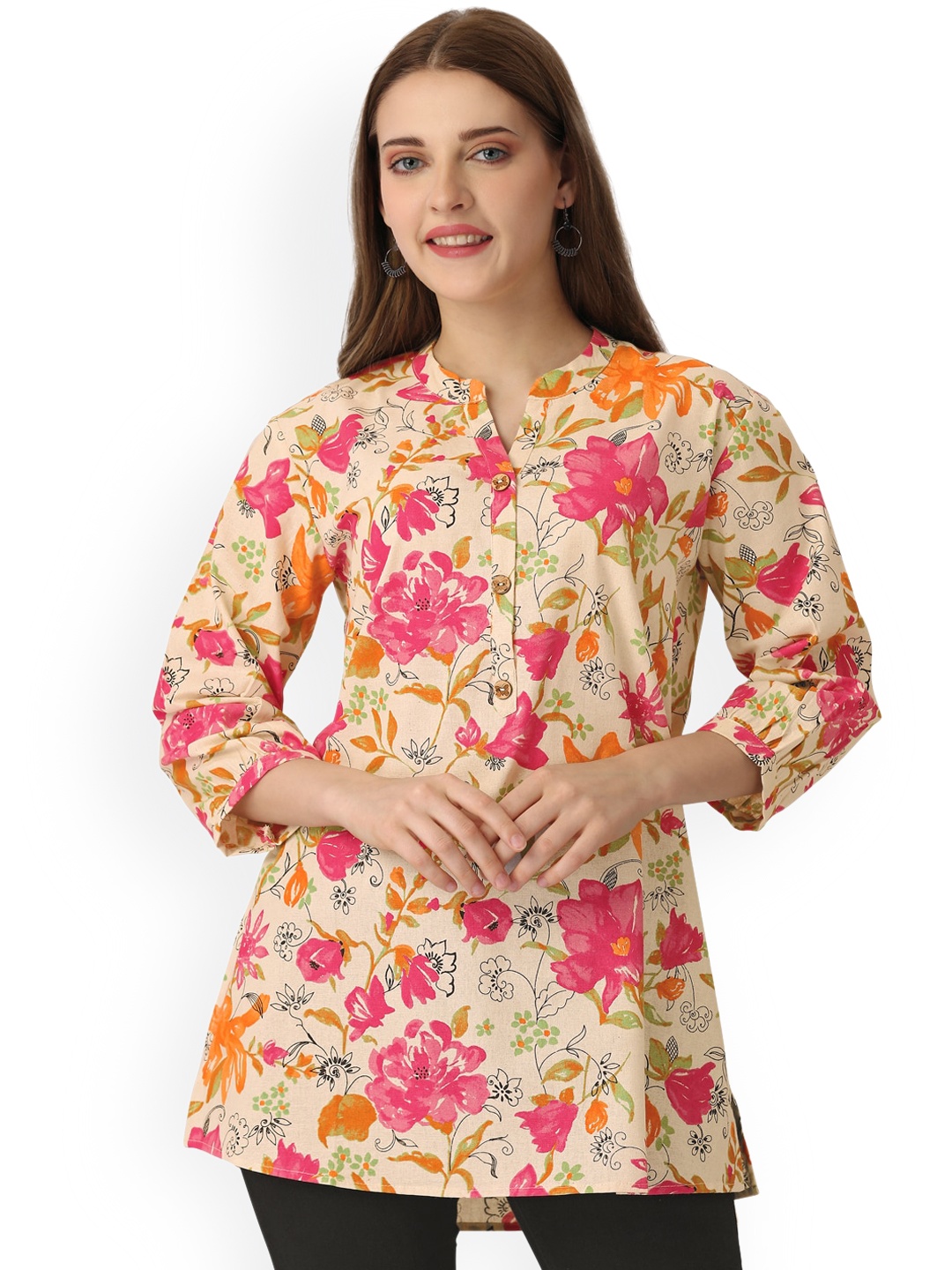 

Pure 9 Floral Printed Cotton A-Line Kurti, Cream