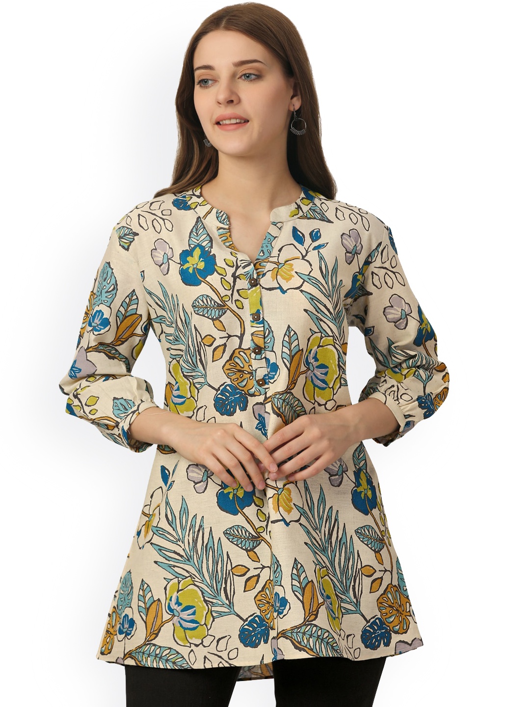 

Pure 9 Floral Printed Cotton A-Line Kurti, Cream