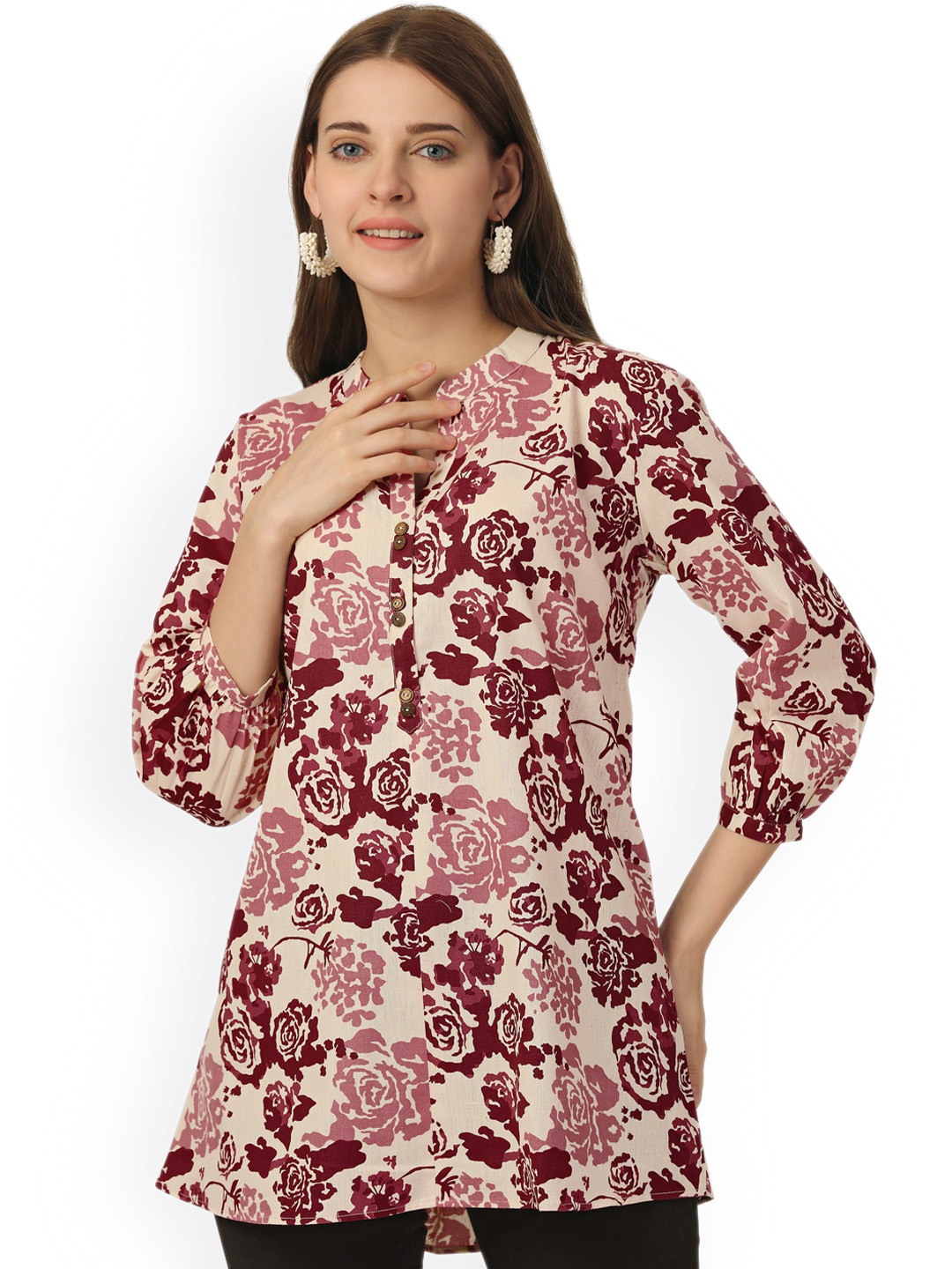 

Pure 9 Floral Printed Mandarin Collar Kurta, Cream