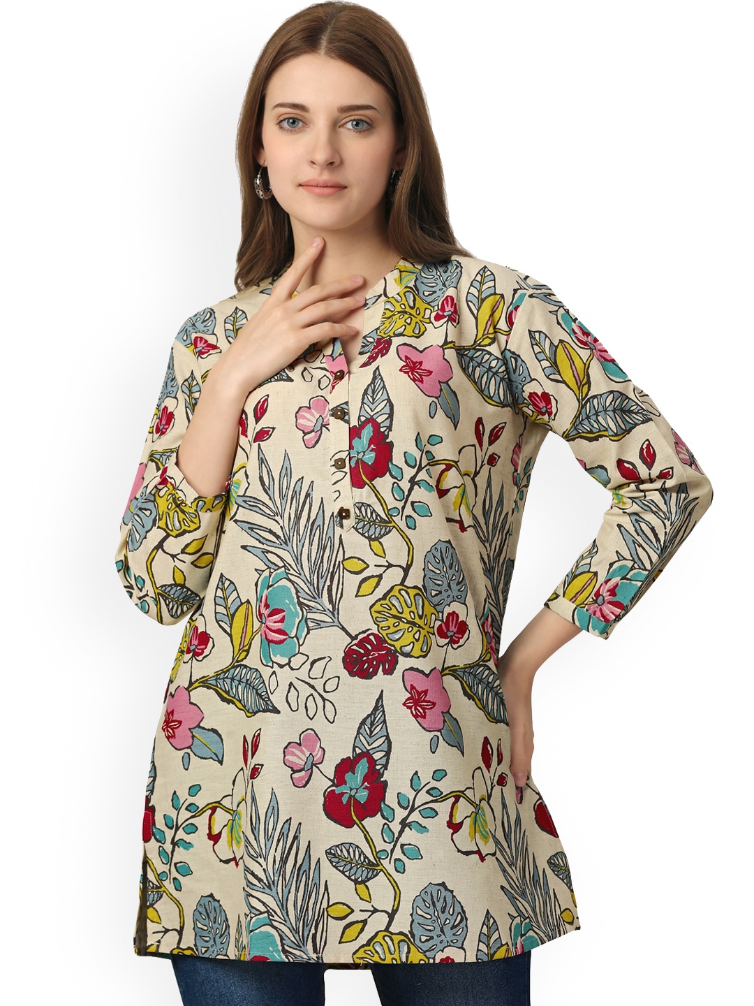 

Pure 9 Floral Printed Mandarin Collar Kurta, Cream