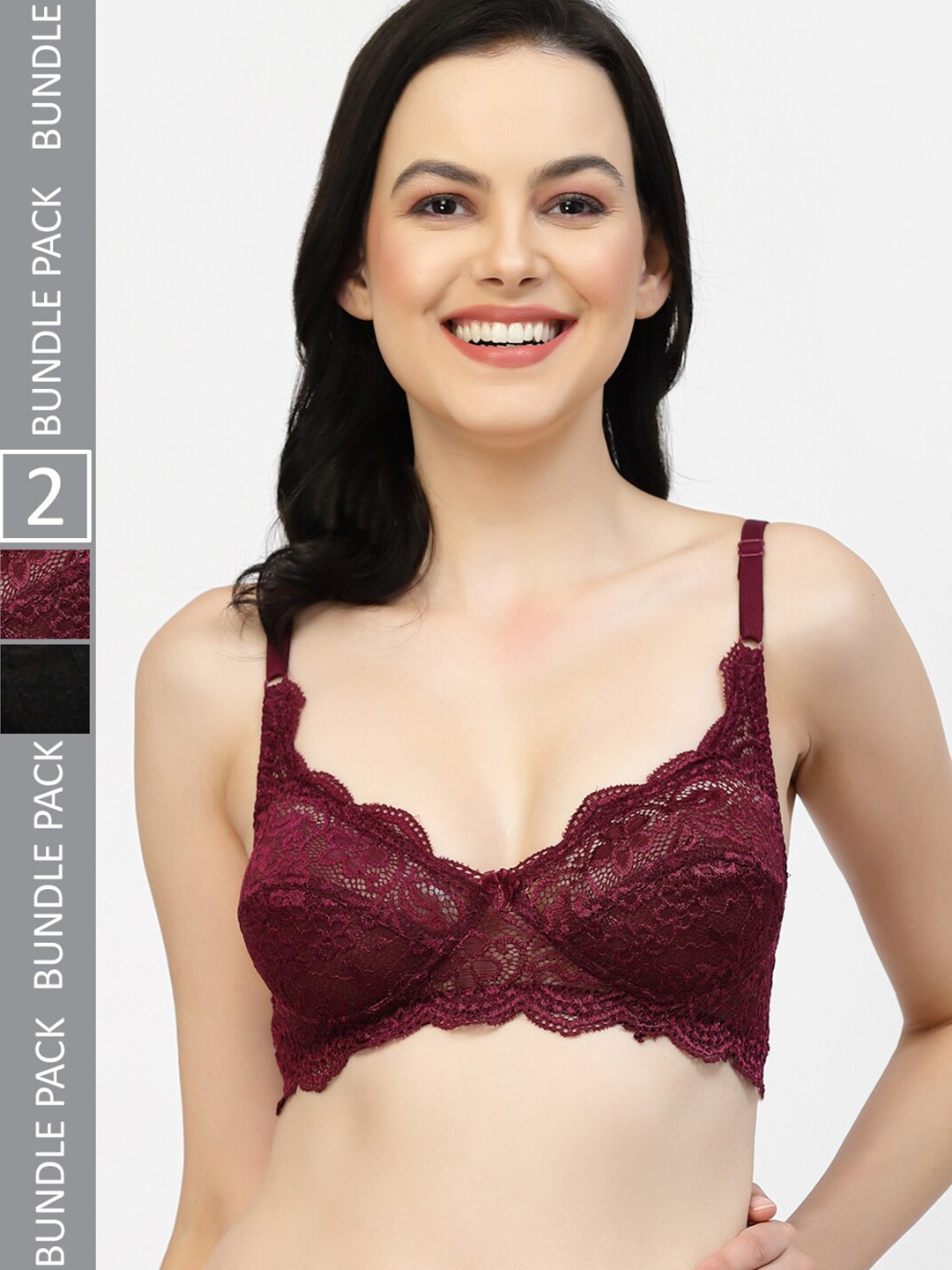 

Floret Pack of 2 Floral Medium Coverage Lace Bras, Burgundy