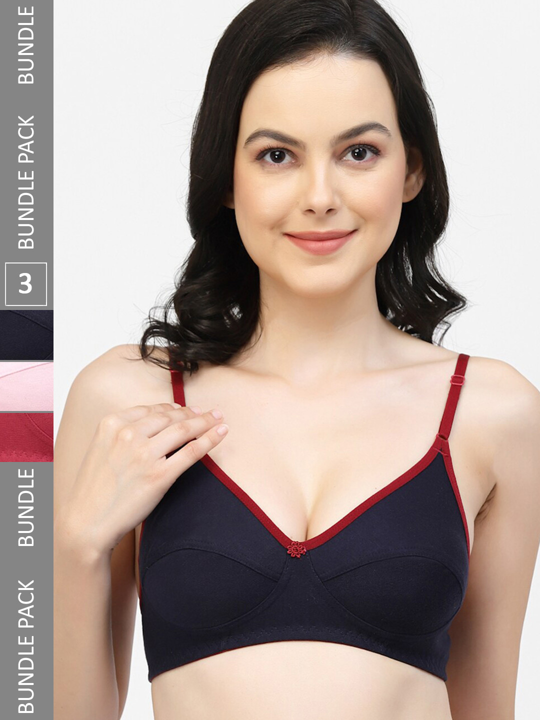 

Floret Pack Of 3 Full Coverage Non-Wired Non-Padded High Support Cotton T-Shirt Bra, Navy blue