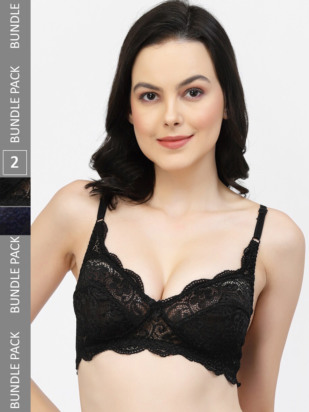 

Floret Pack Of 2 Floral Lace Medium Coverage Non-Wired Non-Padded T-Shirt Bra, Navy blue