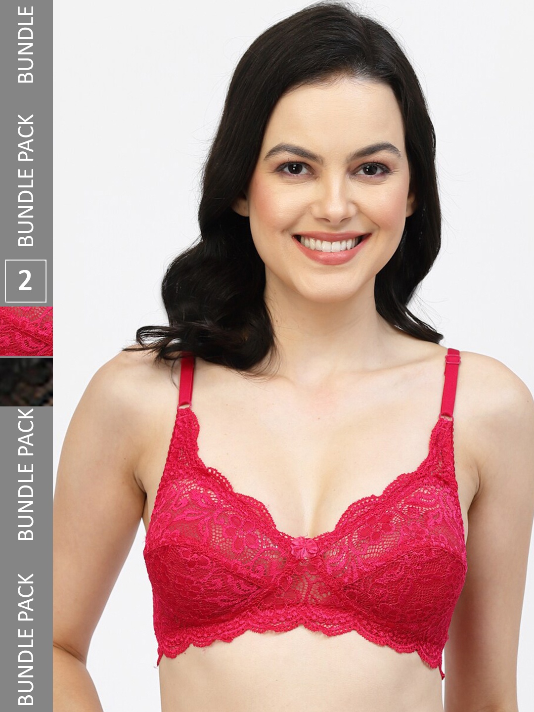 

Floret Pack Of 2 Floral Lace Medium Coverage Non-Wired Non-Padded T-Shirt Bra, Black