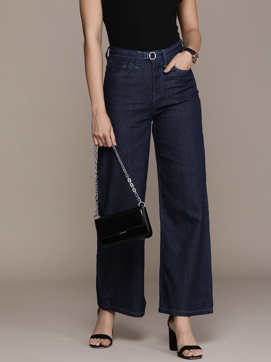 

French Connection Women Wide Leg Stretchable Jeans, Navy blue