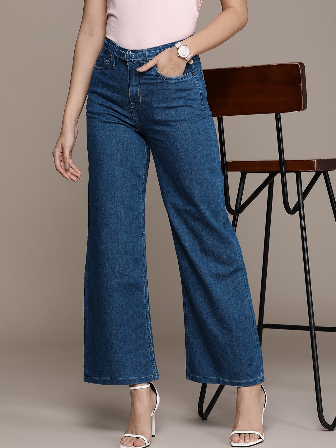 

French Connection Women Wide Leg Stretchable Jeans, Blue
