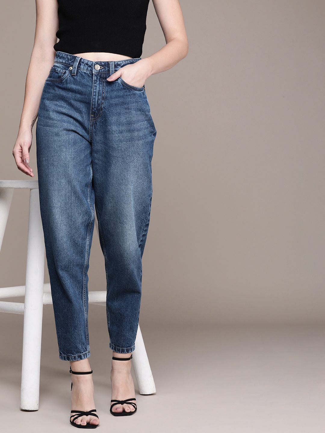 

French Connection Women Mom Fit Heavy Fade Pure Cotton Jeans, Blue