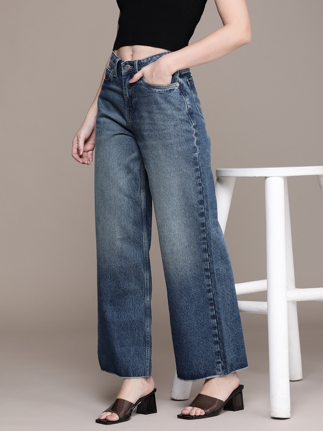 

French Connection Women Pure Cotton Wide Leg Heavy Fade Stretchable Jeans, Blue