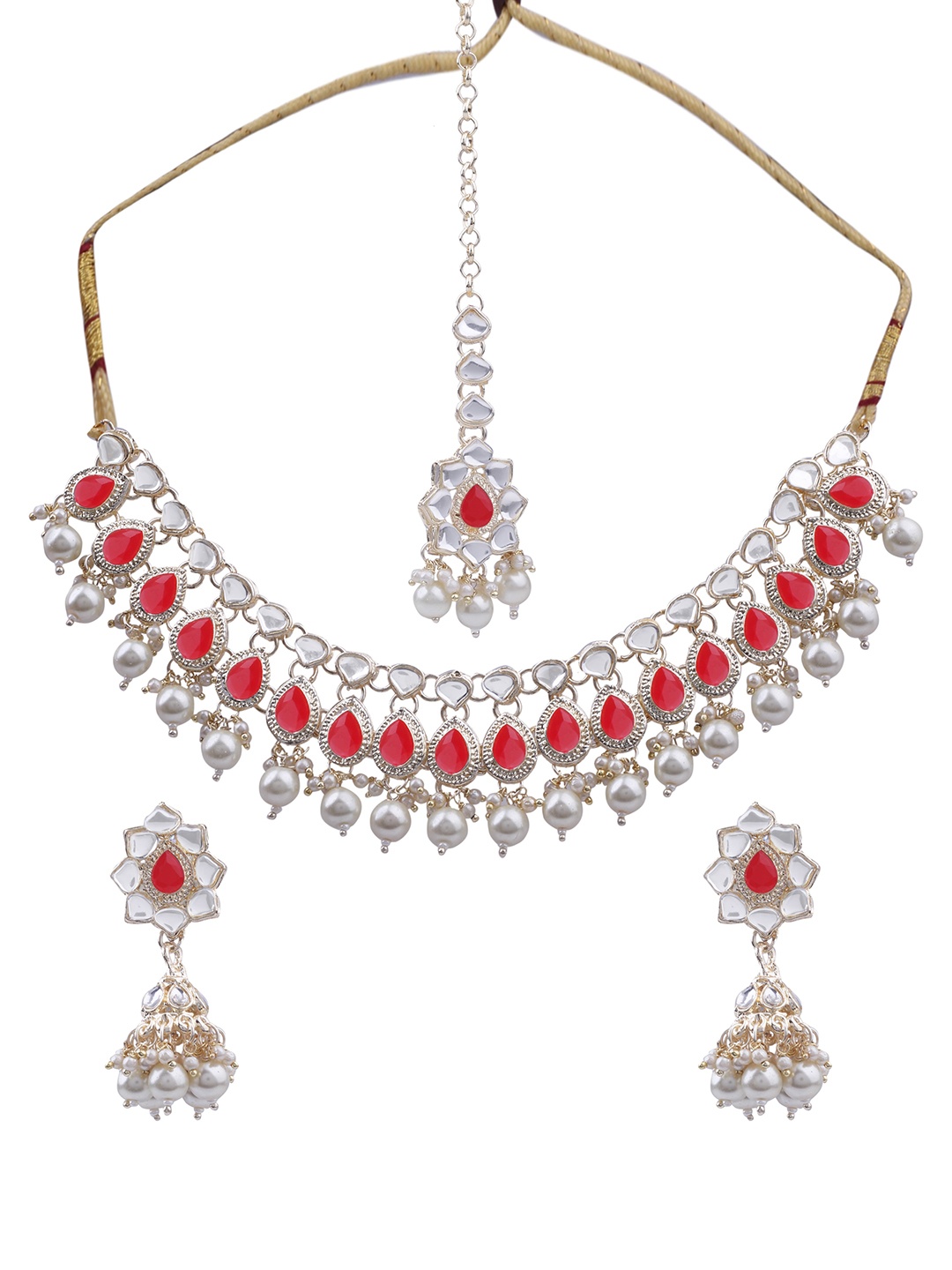 

AASHISH IMITATION Gold-Plated Kundan-Studded & Beaded Jewellery Set, Red