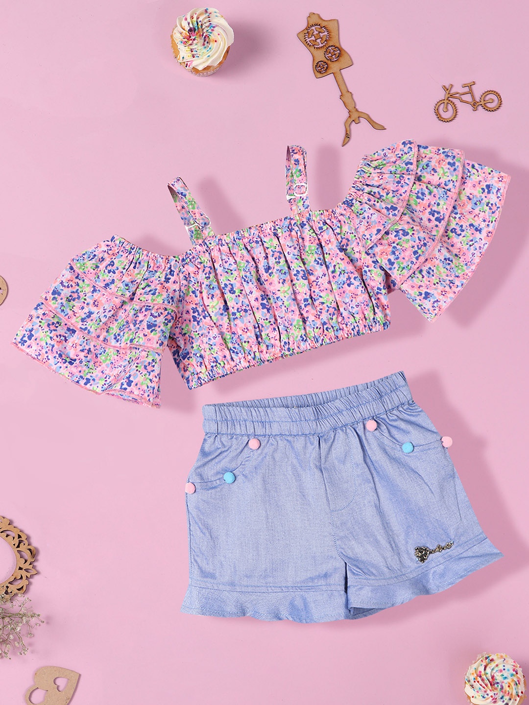 Nauti Nati Girls Floral Printed Top With Shorts, Pink