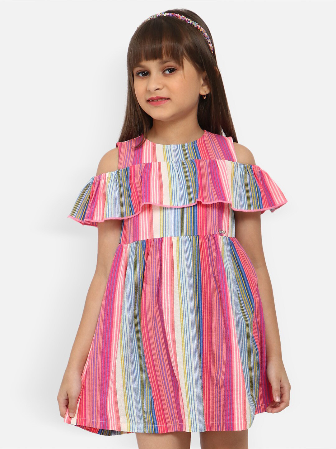 

Nauti Nati Girls Striped Cold-Shoulder Ruffled Crepe A-Line Dress, Pink