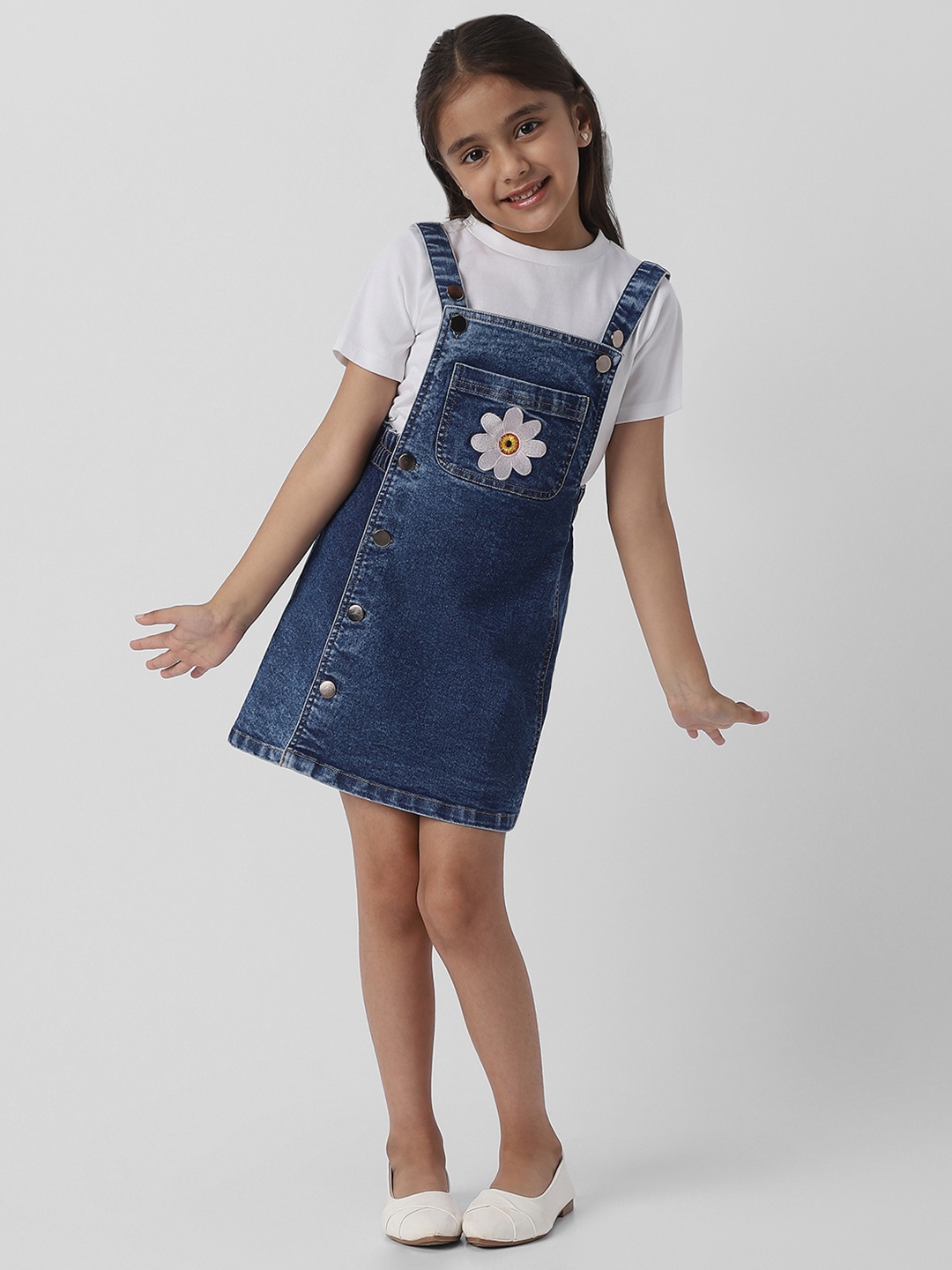 

Nauti Nati Girls Floral Applique Denim Pinafore Dress, White
