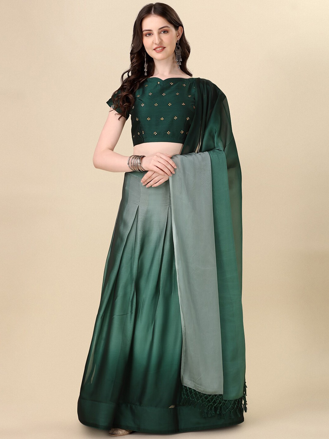 

KALINI Embroidered Sequinned Ombre Semi-Stitched Lehenga Choli With Dupatta, Green