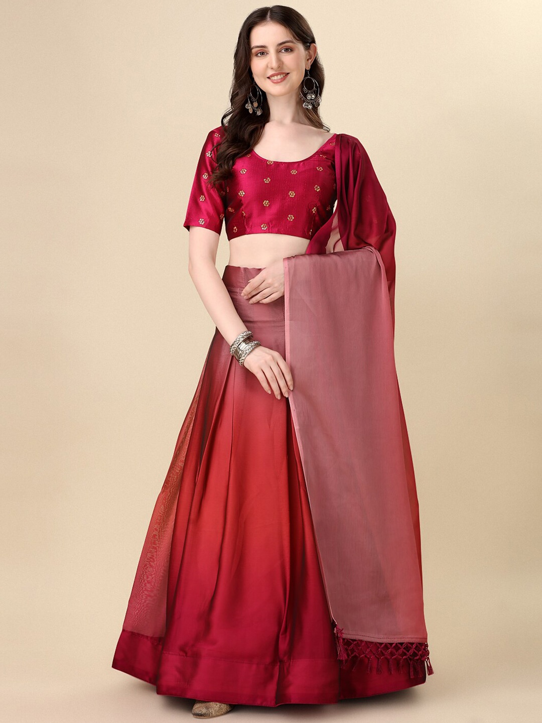 

KALINI Embroidered Sequinned Semi-Stitched Silk Lehenga Choli With Dupatta, Maroon