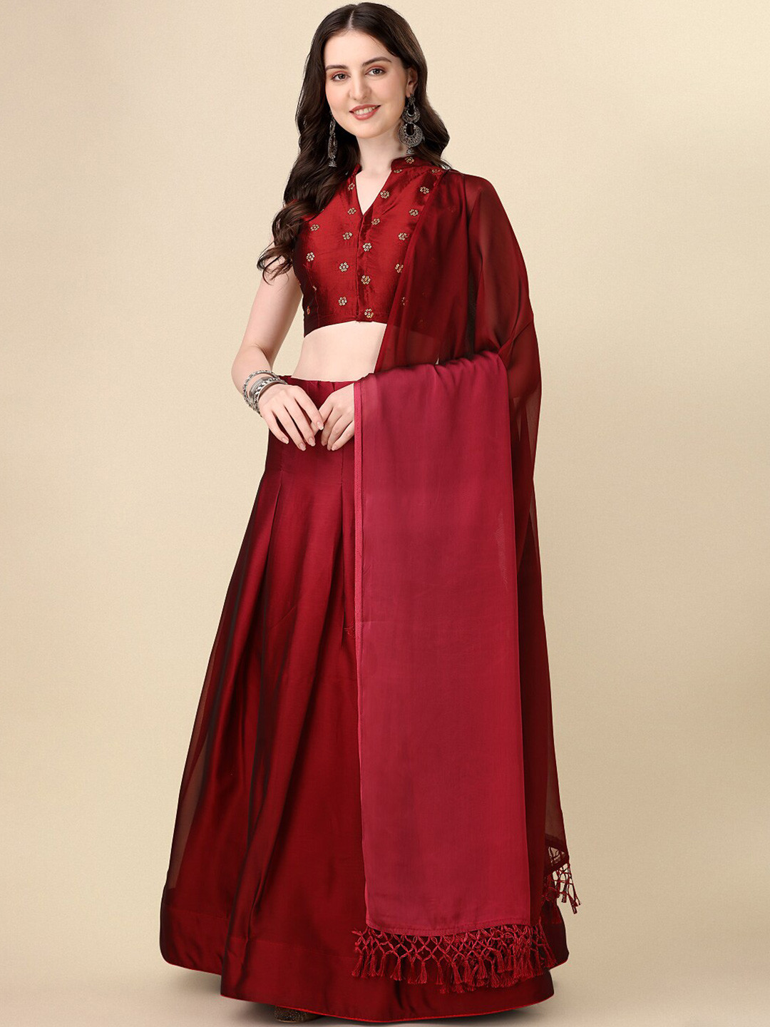 

KALINI Embroidered Sequinned Semi-Stitched Silk Lehenga Choli With Dupatta, Maroon