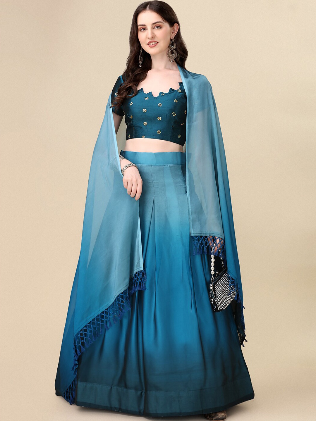 

KALINI Embroidered Sequinned Semi-Stitched Silk Lehenga Choli With Dupatta, Teal