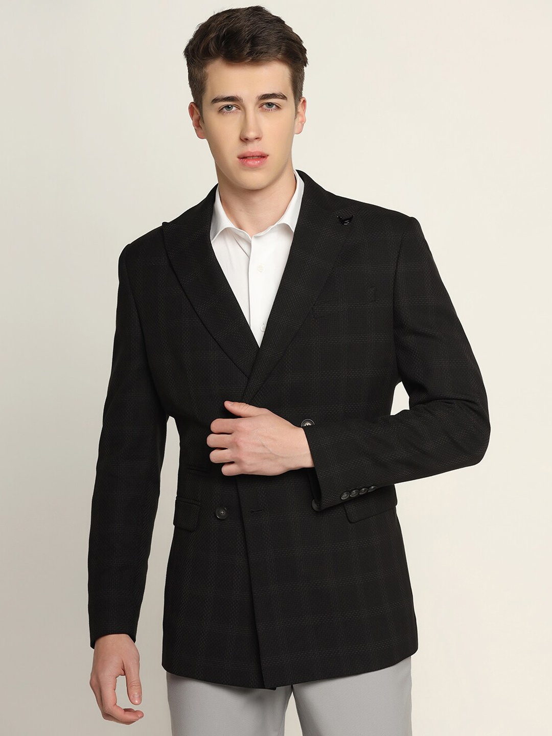 

Blackberrys Slim Fit Double-Breasted Checkered Formal Blazer, Black