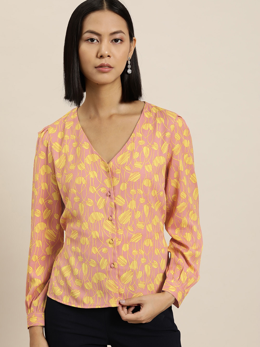 

her by invictus Floral Print Waist Tie-Up Top, Peach