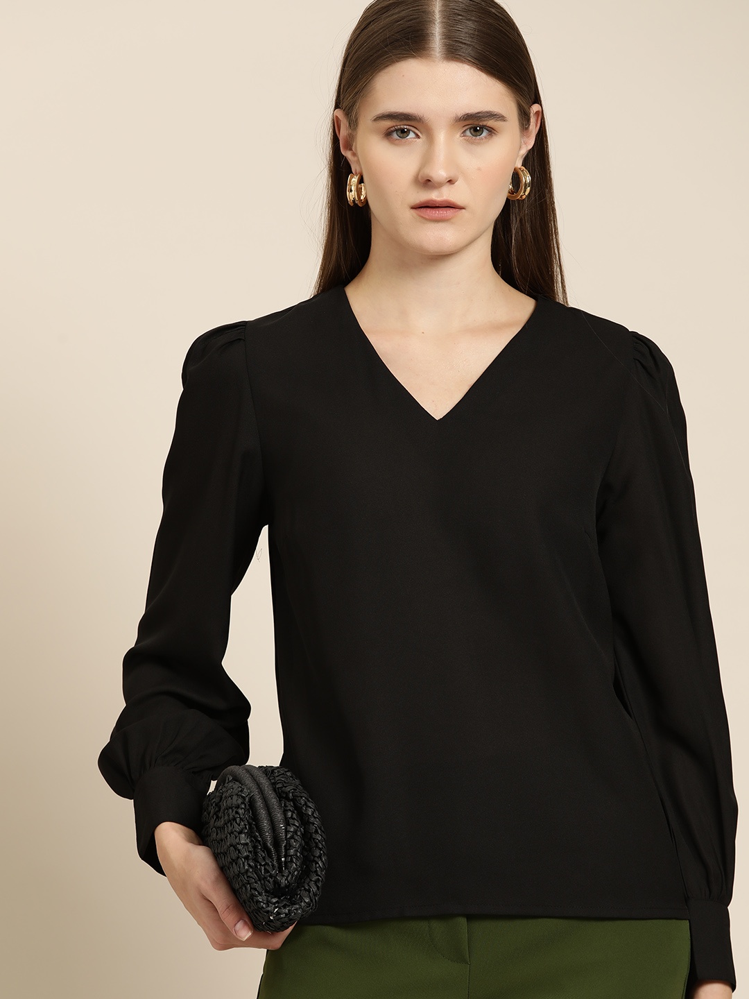 

her by invictus Puff-Sleeves Regular V-Neck Top, Black