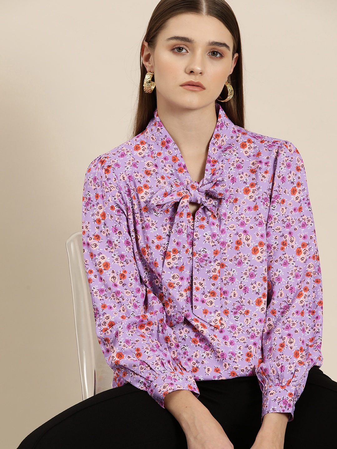 

her by invictus Floral Printed Tie-Up Neck Puff Sleeves Top, Lavender