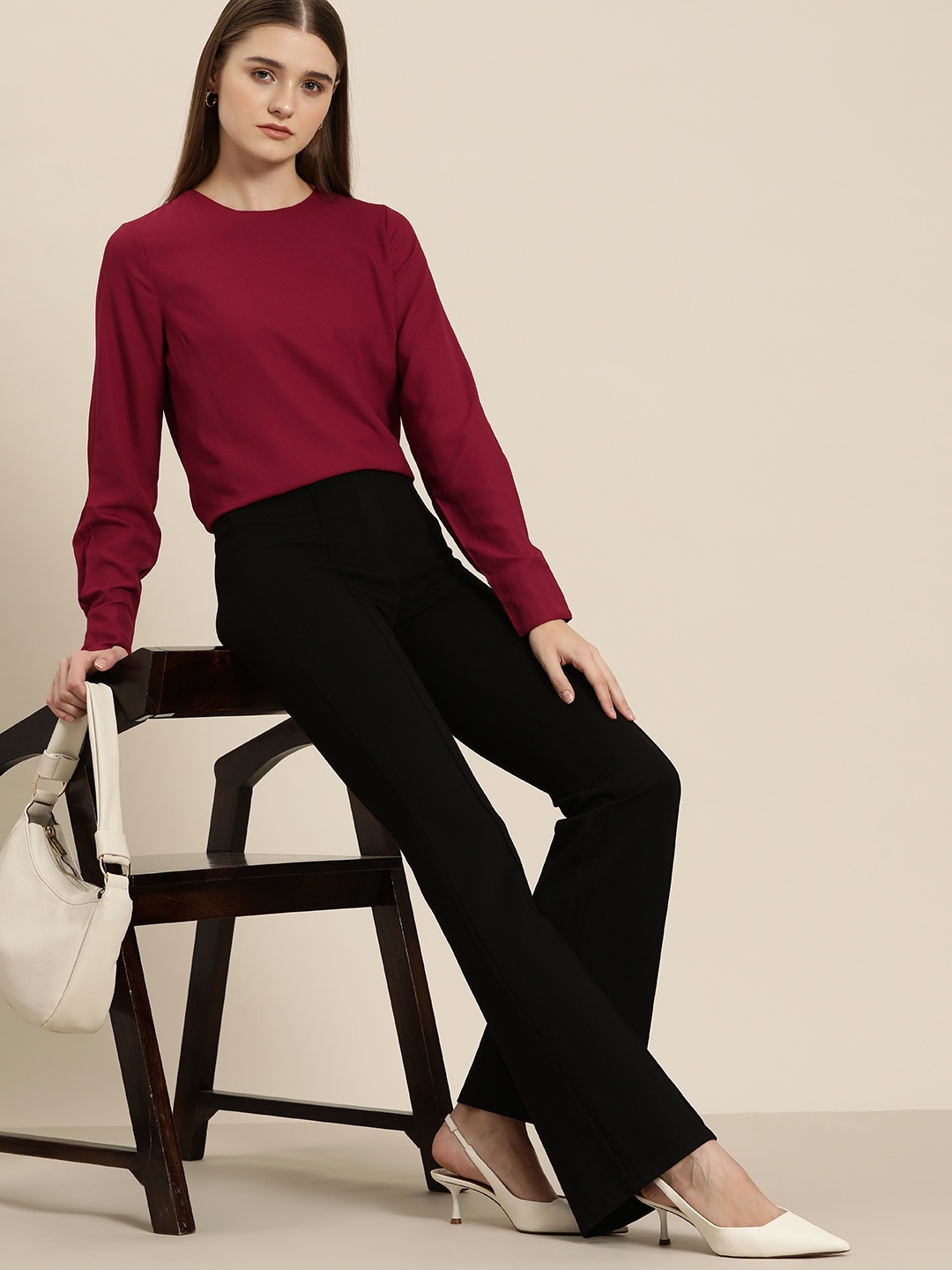 

her by invictus Cuffed Sleeves Regular Fit Top, Maroon