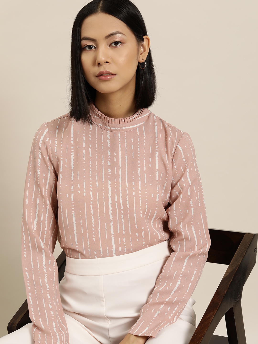 

her by invictus Striped Frill Detail High Neck Top, Rose