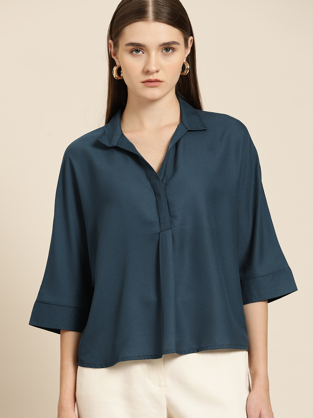 

her by invictus Shirt Collar Extended Sleeves Top, Navy blue