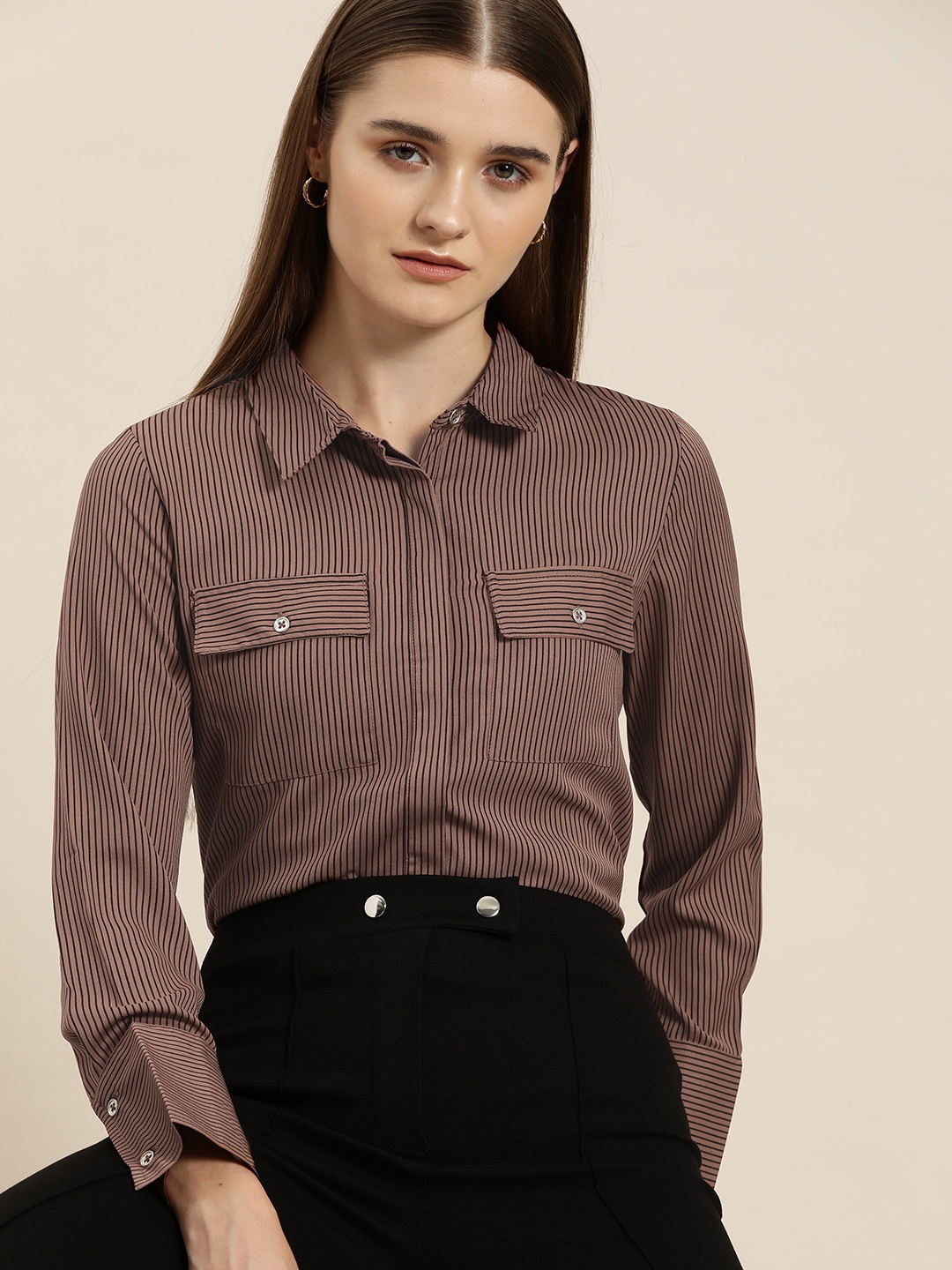 

her by invictus Striped Casual Shirt, Taupe