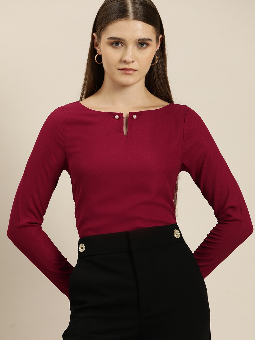

her by invictus Pearl Broach Detail Keyhole Neck Regular Top, Maroon