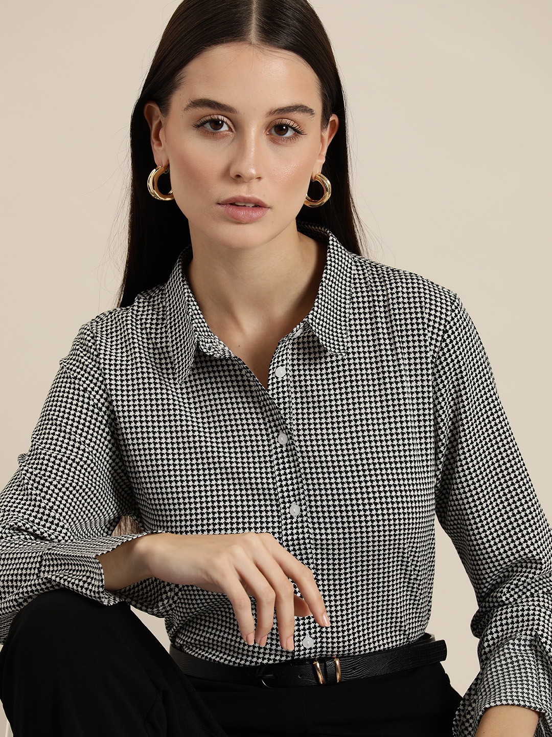 

her by invictus Houndstooth Printed Shirt, White