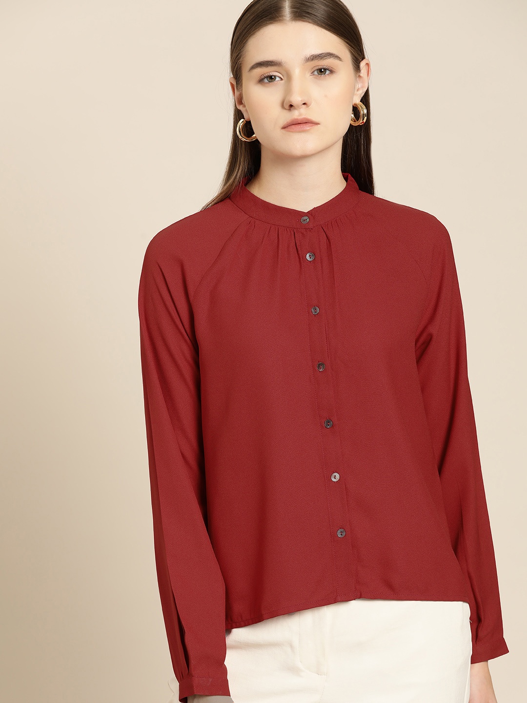 

her by invictus Band Collar Shirt Style Top, Maroon