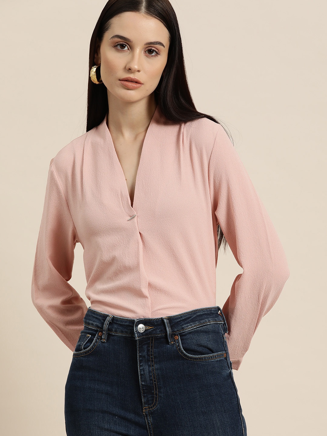 

her by invictus Cuffed Sleeves Pleated Top, Rose