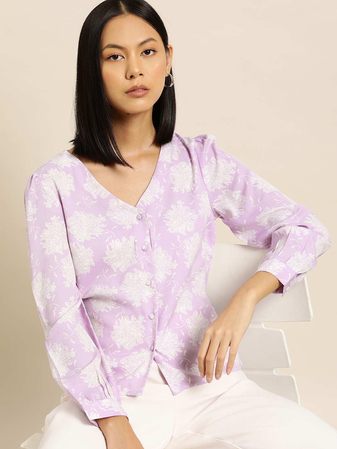 

her by invictus Floral Printed Puff Sleeves Top, Lavender
